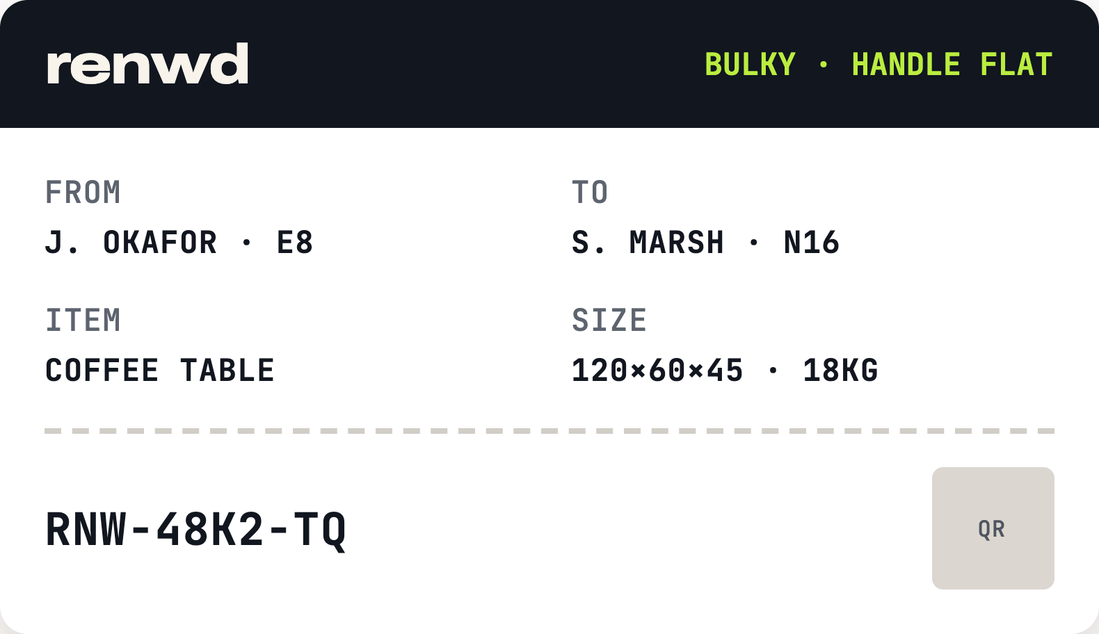 renwd shipping label showing from, to, item and tracking code